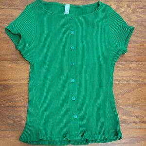 Green Ribbed Button-Up Women's Top
